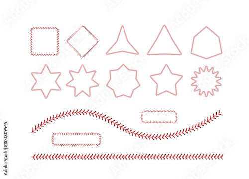 A versatile collection of red baseball lace patterns arranged in various geometric shapes, frames, stars, and decorative dividers on a clean white background.
