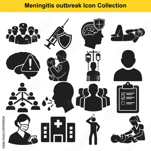 Meningitis Outbreak Icon Collection Showing Infection Spread Brain Health Symptoms Medical Treatment Prevention Vaccination Hospital Care Patient Monitoring Public Health Awareness Disease Transmissio