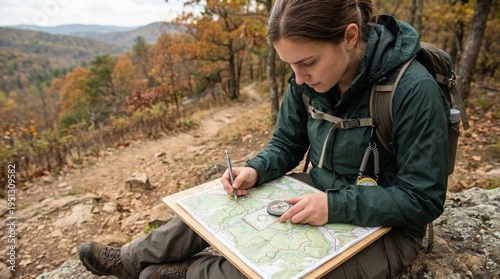 Student engaged in map reading and navigation skills in a vibrant autumn forest setting, focusing on details for outdoor exploration