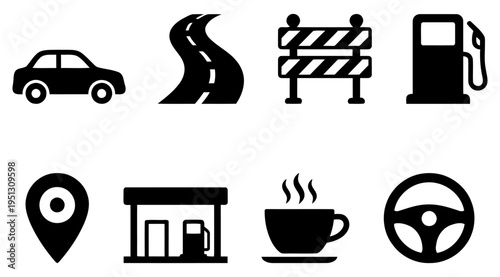 a set of black icons related to transportation and navigation, including a car, road, gas station, location pin, and steering wheel, useful for design and infographic projects