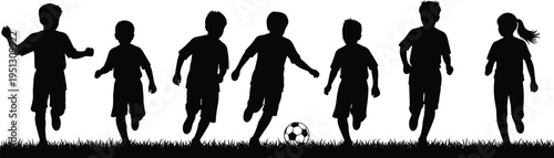 Silhouette collection of happy children playing soccer on grass, featuring young boys and girls running after a football during an active summer sports game.