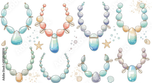 Colorful Beaded Necklace Collection with Pastel Gemstones, Elegant Jewelry Set, Decorative Fashion Accessories with Ocean Inspired Elements for Modern Design Illustration