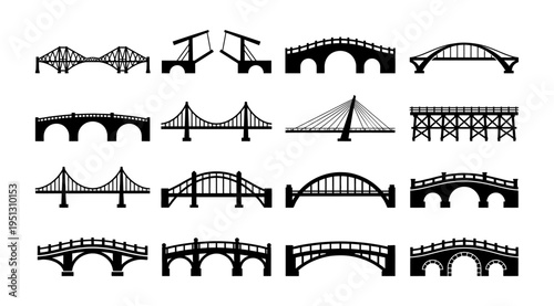 a set of black silhouettes of different bridges on a white background, useful for design, architecture, and engineering concepts