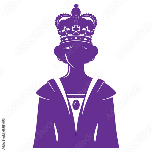 Purple silhouette illustration of a royal queen wearing a crown and ornate clothing isolated on transparent background