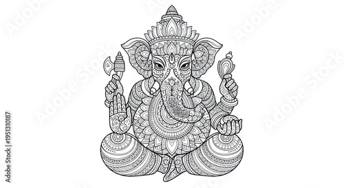 Intricate Ganesha Outline Drawing: Hindu Deity, Elephant Head, Spiritual Symbol