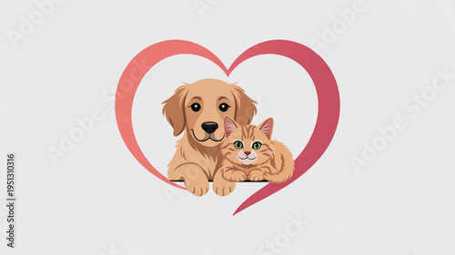 Friendly dog and cat inside a heart symbol illustration of pets and love