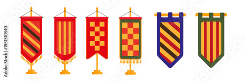 Set of colorful medieval flags, banners in cartoon style. Vector illustration of royal standard stands with tassels, patterns: diagonal, vertical stripes, checkered isolated on white background.