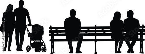 Silhouette illustration of people in urban park scene showing family with stroller, solitary figure on bench, and couple conversation for lifestyle, social, and stock design use