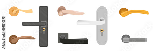 Set of beautiful door handles and locks in cartoon style. Vector illustration of door handles of different shapes, materials: gold, silver, brown, black isolated on white background. Entrance doors.