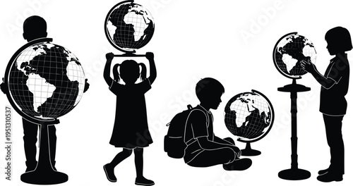 Silhouette of children exploring globes, geography learning, global awareness, education concept, diverse students with backpacks, teamwork in knowledge, isolated white background illustration for 