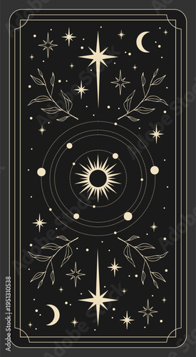 Vector tarot card with astrology symbols. Vector illustration template, boho style