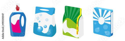 Set of detergents, washing powders in cartoon style. Vector illustration of a bottle, various packages with designs, bubbles, stripes, sun, red inscription sale isolated on a white background.