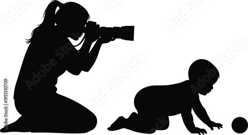 Silhouette of female photographer capturing crawling baby with camera, motherhood, child development, parenting, family lifestyle concept isolated on white background studio photography art