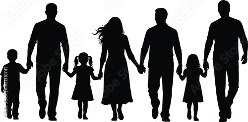 Silhouette of family and children holding hands together, symbolizing unity, love, support, community bonding, generational connection, and togetherness in a joyful lifestyle illustration