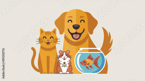 Friendly dog cat hamster and fish pets together in a harmonious household scene