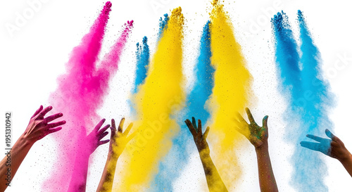 Vibrant colored powder explosion on hands against white background