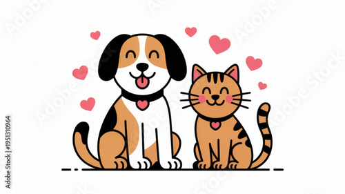 Friendly dog and cat sitting together with hearts symbolizing friendship and affection in a cute cartoon style