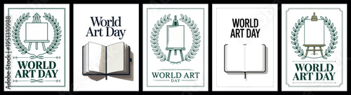 World Art Day Illustrations with Open Book and Decorative Emblem Designs