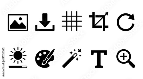 A collection of graphic design elements and icons for editing, creativity, and digital art on a white background, useful for marketing materials, educational resources, and business presentations.