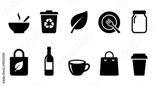 a collection of black icons representing eco friendly lifestyle and sustainable living, including recycling, leaf, eco bag, and reusable cup, for marketing and educational materials