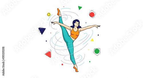 Woman in orange top and teal leggings dancing with colorful shapes and swirling lines around her body in mid air