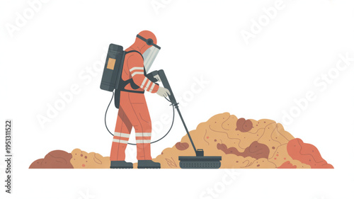 Person in hazmat suit using cleaning equipment on pile of dirt and debris outdoors