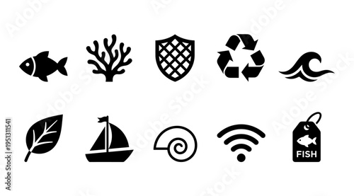 a set of black icons featuring marine and eco friendly symbols on a white background, suitable for use in environmental and conservation marketing materials