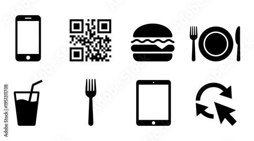 A set of icons representing mobile payment, food ordering, and digital transactions, including a smartphone, QR code, hamburger, and tablet.