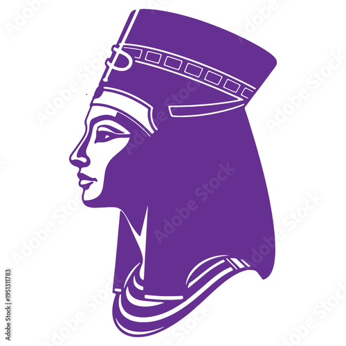 Purple silhouette of ancient egyptian queen or goddess wearing traditional headdress and jewelry in profile view isolated on transparent background