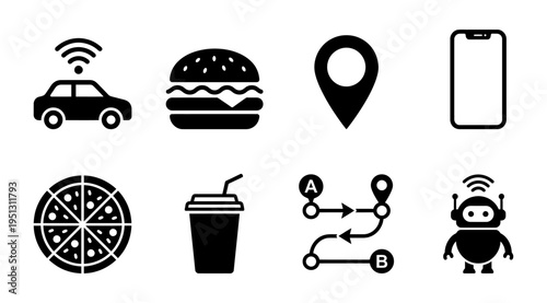 a collection of black icons representing food delivery, navigation and technology for marketing or website use