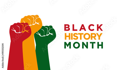 Black History Month graphic with three raised fists in Pan-African colors, symbolizing solidarity and empowerment on a white background.