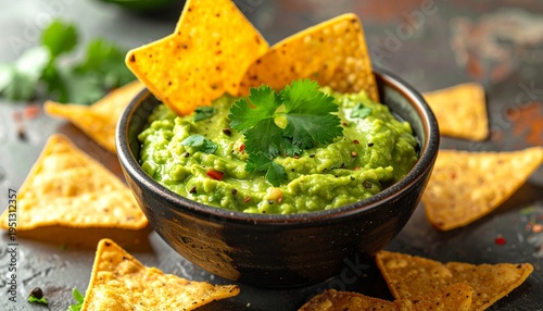 Appetizing bowl of homemade guacamole accompanied by perfectly fried tortilla chips, a delightful snack or appetizer