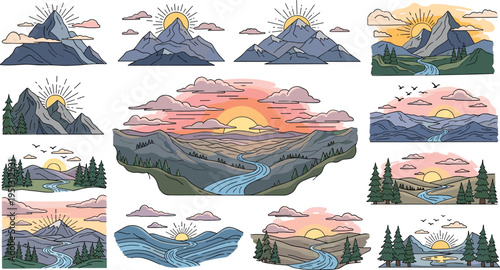 Mountain landscape scenes with rivers sunrise sunset forests and peaks hand drawn vector illustration set