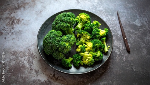 Delicious Broccoli Florets on a Dark Plate with Chopsticks, Ready to Eat