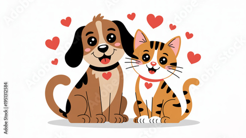 Cute cartoon dog and cat sitting together with hearts around them symbolizing friendship and love adorable animal duo