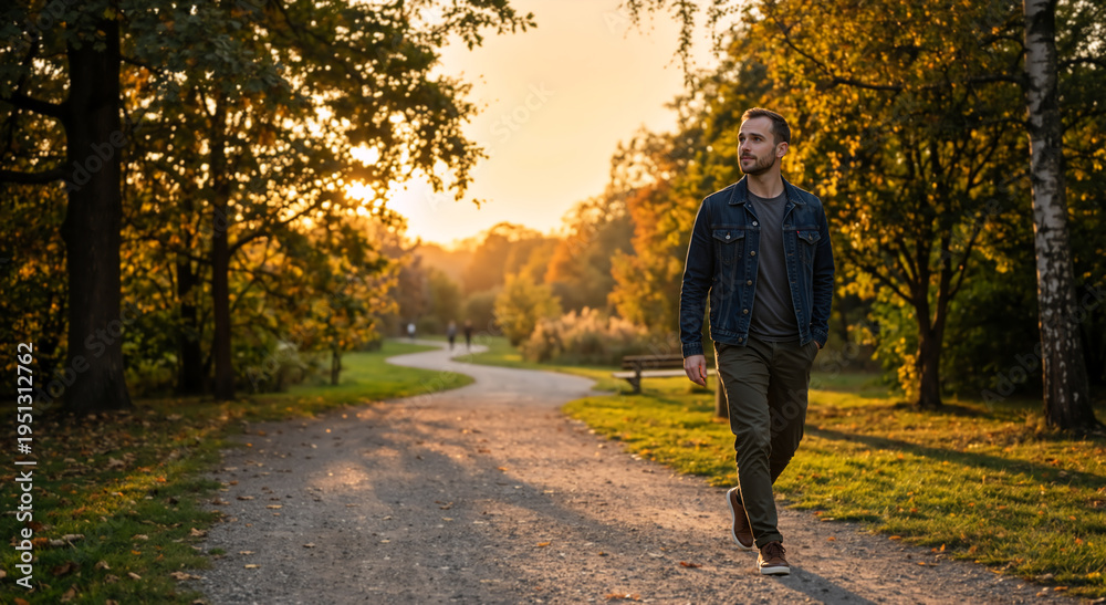 Fototapeta premium Young man walking on a path in an autumn park. Casual male in denim jacket enjoying a stroll during sunset. Fall season lifestyle concept