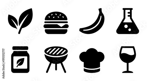 a collection of black icons representing various food and drink items, perfect for use in culinary or restaurant-related marketing materials, recipes, or educational resources