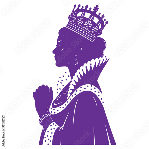 Queen silhouette wearing a crown and praying with her eyes closed in a royal gesture  a noble figure isolated on transparent background