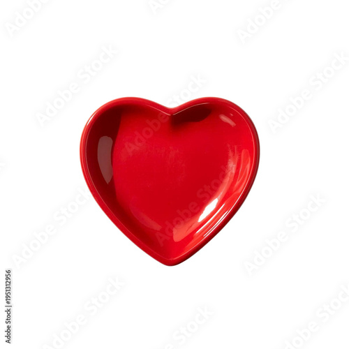 Glossy red ceramic heart shaped empty bowl tray isolated on transparent background