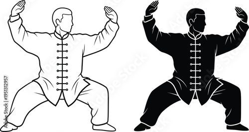 Serene Tai Chi Practice: Two contrasting illustrations capture a solitary figure in poised Tai Chi stances, embodying the art of mindful movement and inner peace.