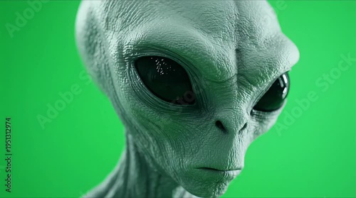 Close up of a grey alien face against a bright green background