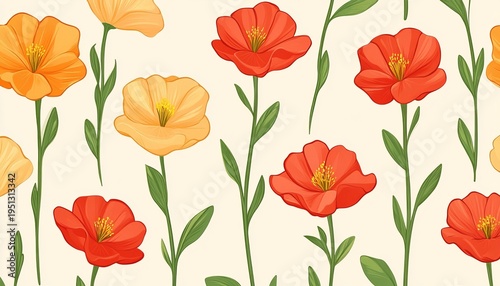 Elegant Floral Wallpaper Design Featuring Gentle Poppies in Pastel Colors, Seamless Spring Pattern