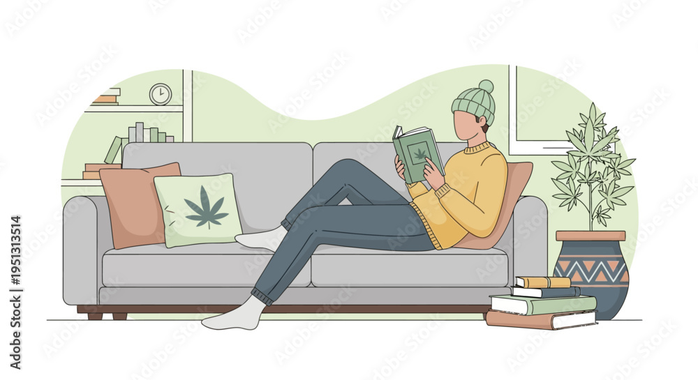 Obraz premium a man Relaxing on Sofa Reading Book with Cannabis Elements, Cozy 420 Day Lifestyle Flat Vector Illustration