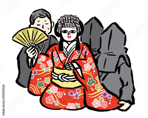 人形浄瑠璃　女形の人形と人形遣い