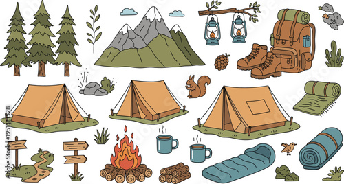 Camping adventure elements with tents campfire mountains backpack lanterns and forest gear cartoon vector illustration set