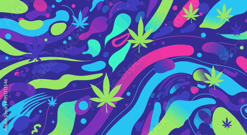 Psychedelic Cannabis Seamless Pattern Trippy Colorful Abstract 420 Background Vector