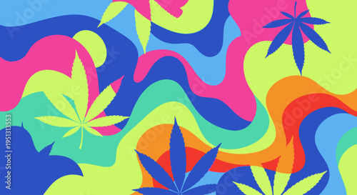 Psychedelic 420 Cannabis Leaf Abstract Colorful Wavy Background Flat Vector