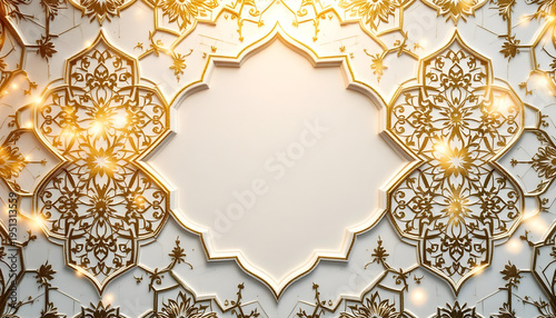 Eid promotional backdrop with Islamic geometric pattern in gold and white
