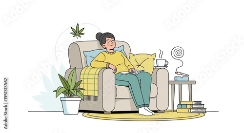 420 Day Relaxing Woman Reading at Home Cozy Lifestyle Flat Vector Illustration