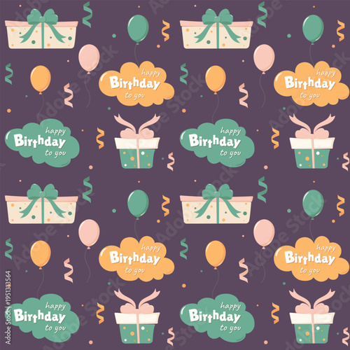 A festive seamless pattern. Balloons, gifts, a cloud with a greeting, and stretchers.